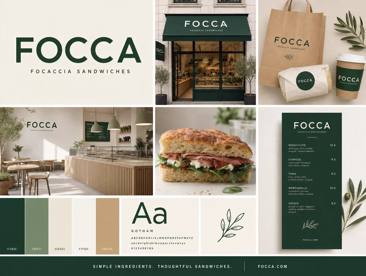 Planche d’identité de Focca, une sandwicherie : logo vert, devanture, sacs en papier, menu et palette.