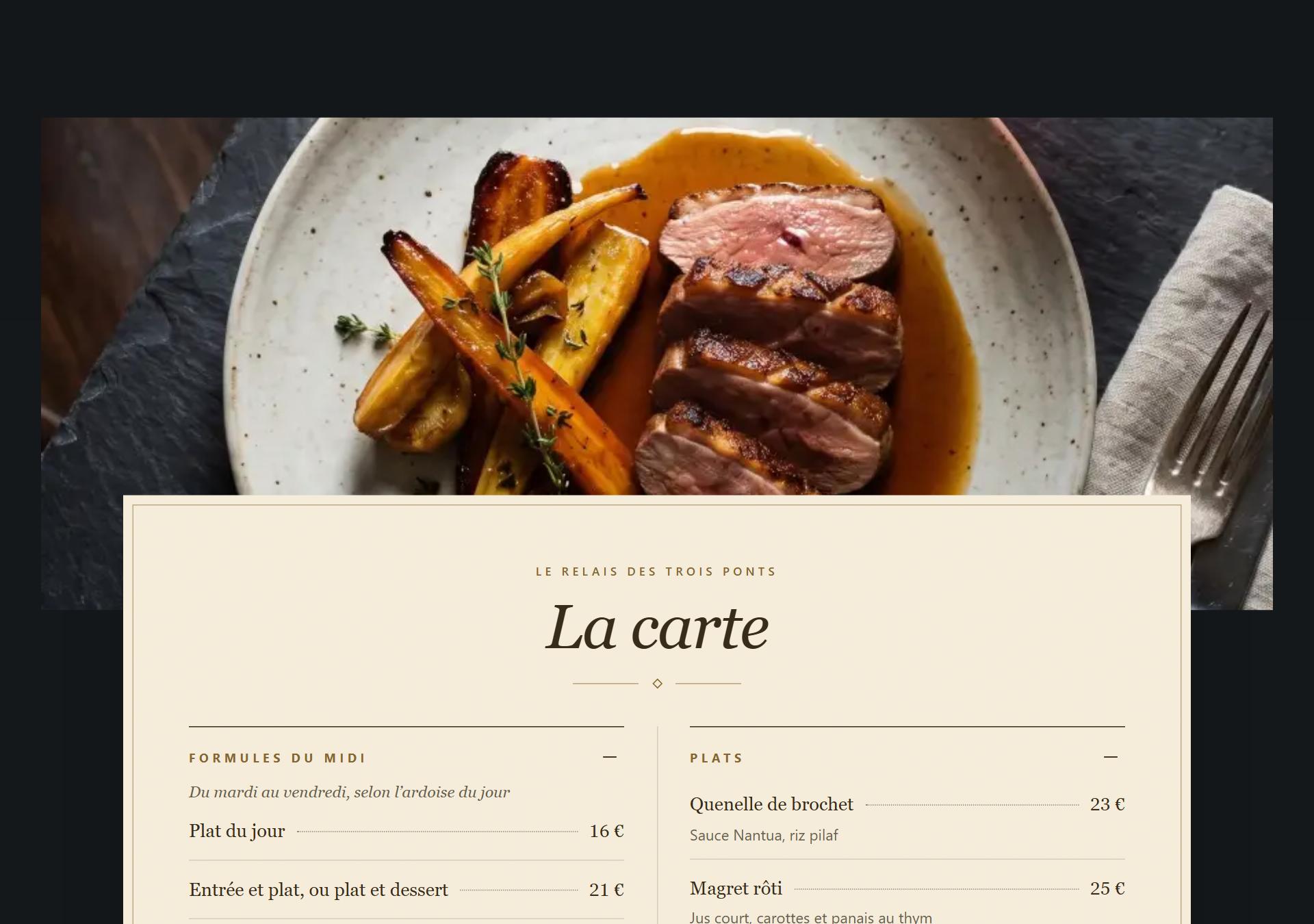 La carte de l’exemple restaurant, sous une photo d’assiette : formules du midi et plats, avec les prix alignés à droite.