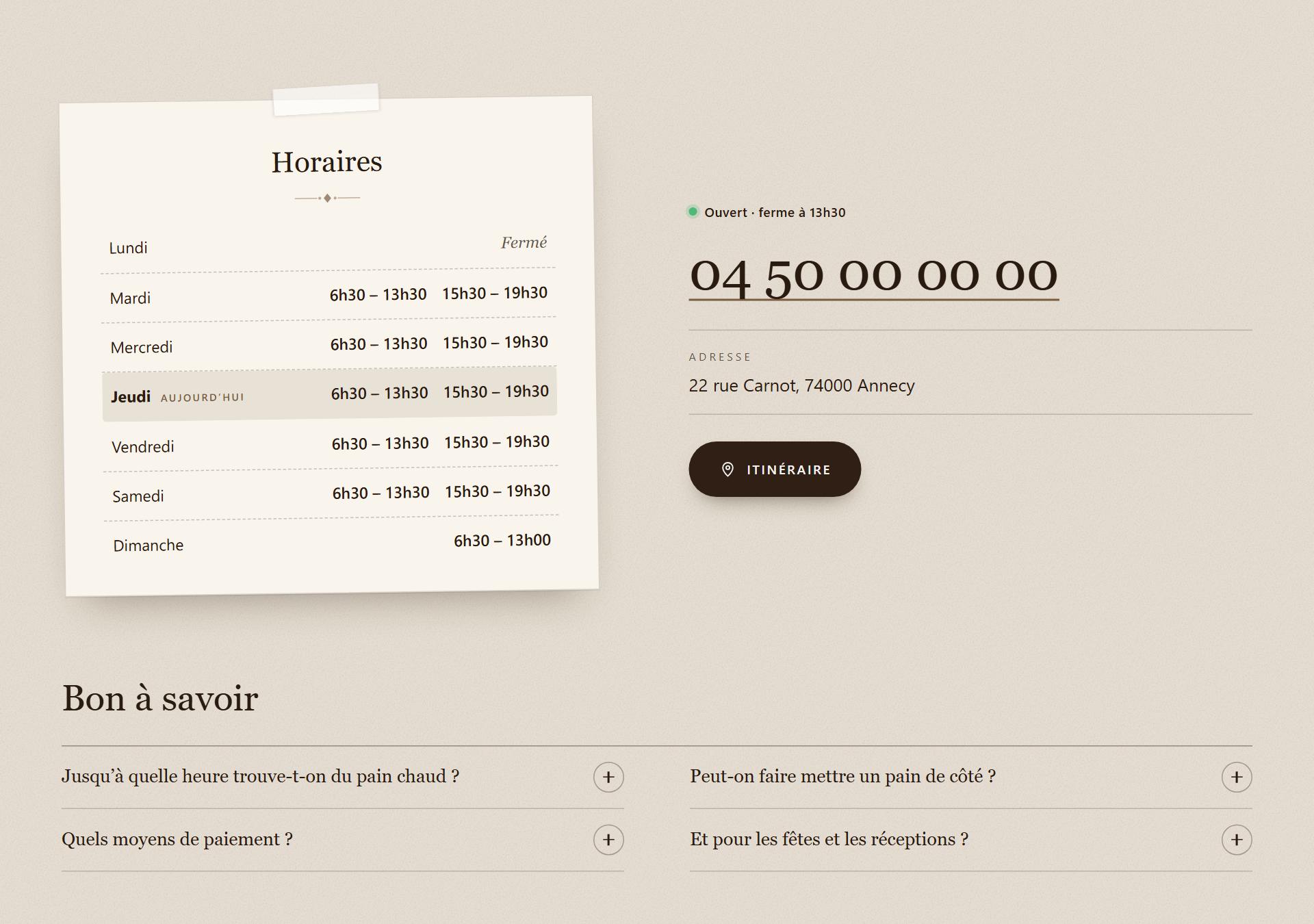 Les horaires de l’exemple boulangerie : une ligne par jour, le jeudi surligné, le statut « Ouvert, ferme à 13h30 », le téléphone et le bouton d’itinéraire.