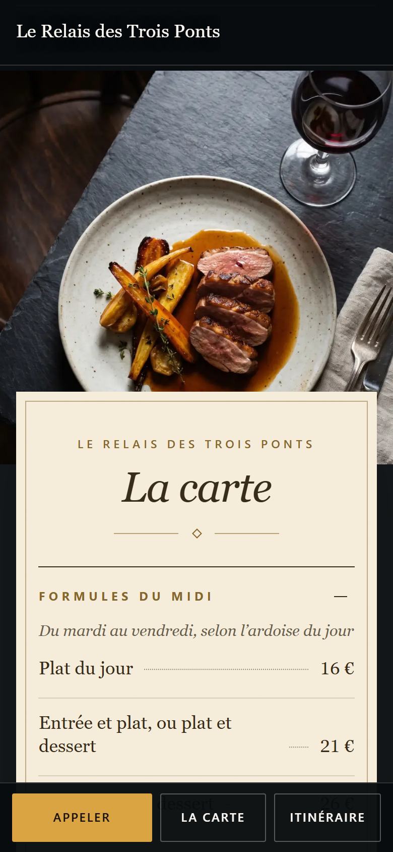 La carte de l’exemple restaurant sur un téléphone.