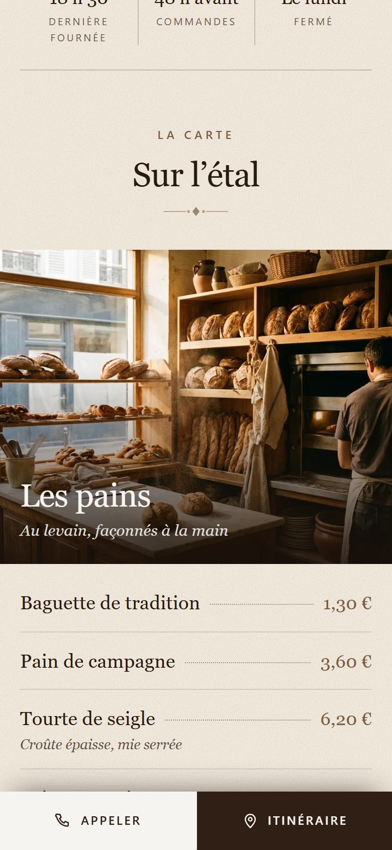 L’étal de l’exemple boulangerie sur un téléphone : une photo par famille de produits, et la barre Appeler et Itinéraire.
