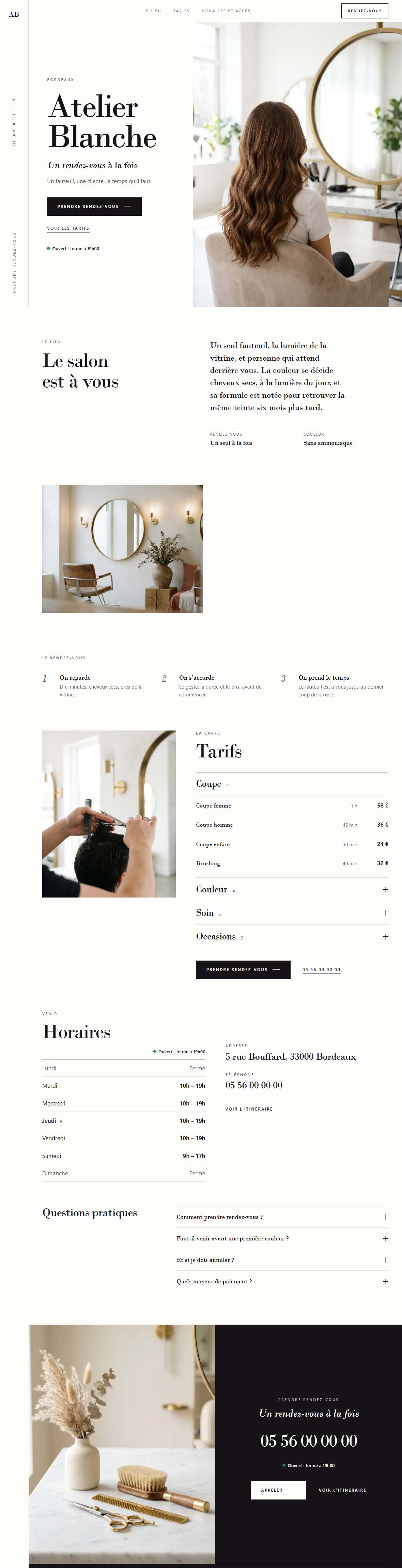 Le site Coiffure et beauté en entier, de l’en-tête au pied de page.