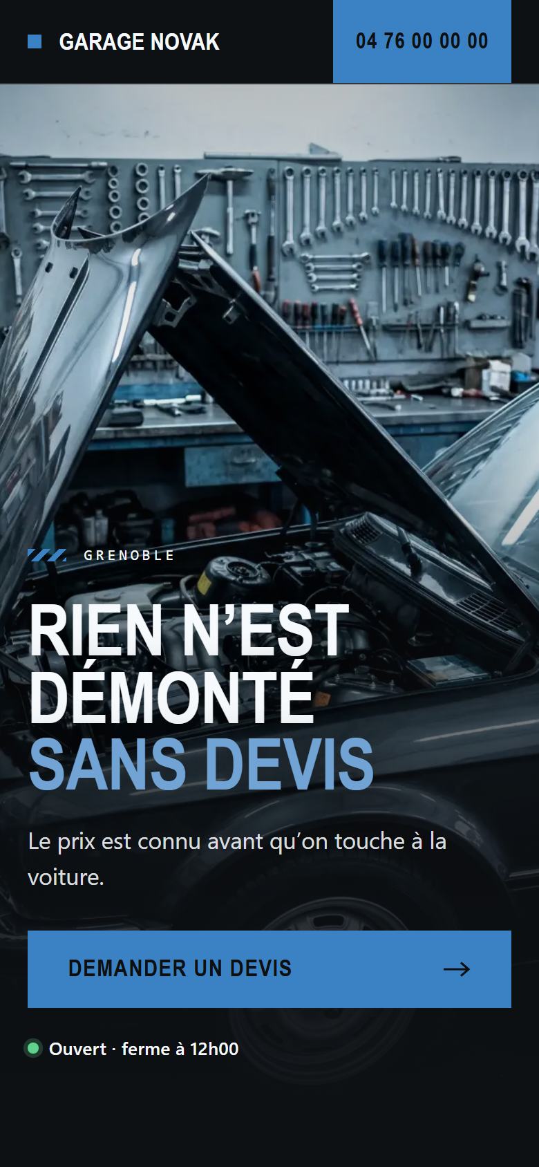 Le même site Garage Voltaire affiché sur un téléphone.